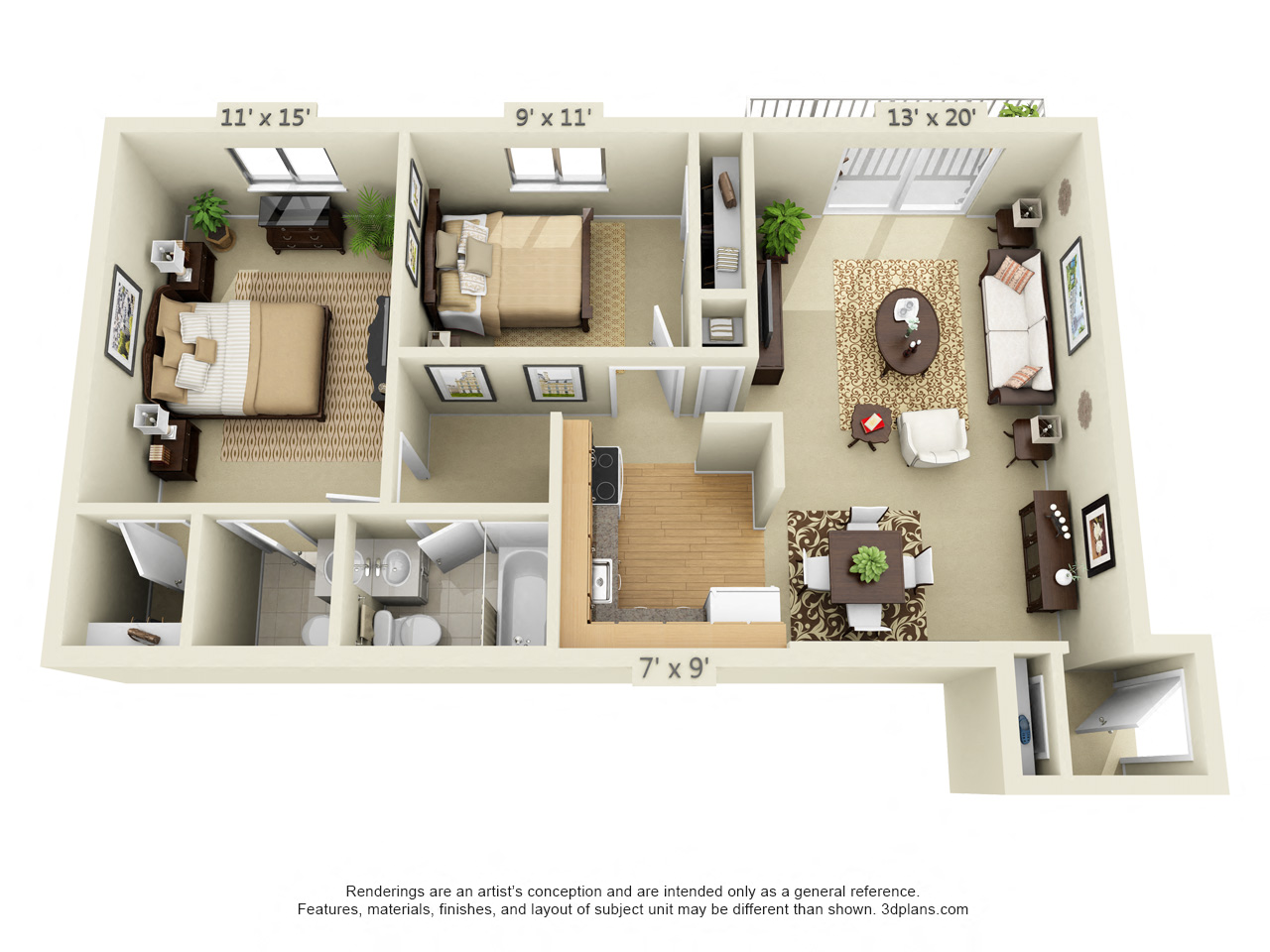 Floor plan for 2 beds, 1.5 baths, 996 sqft